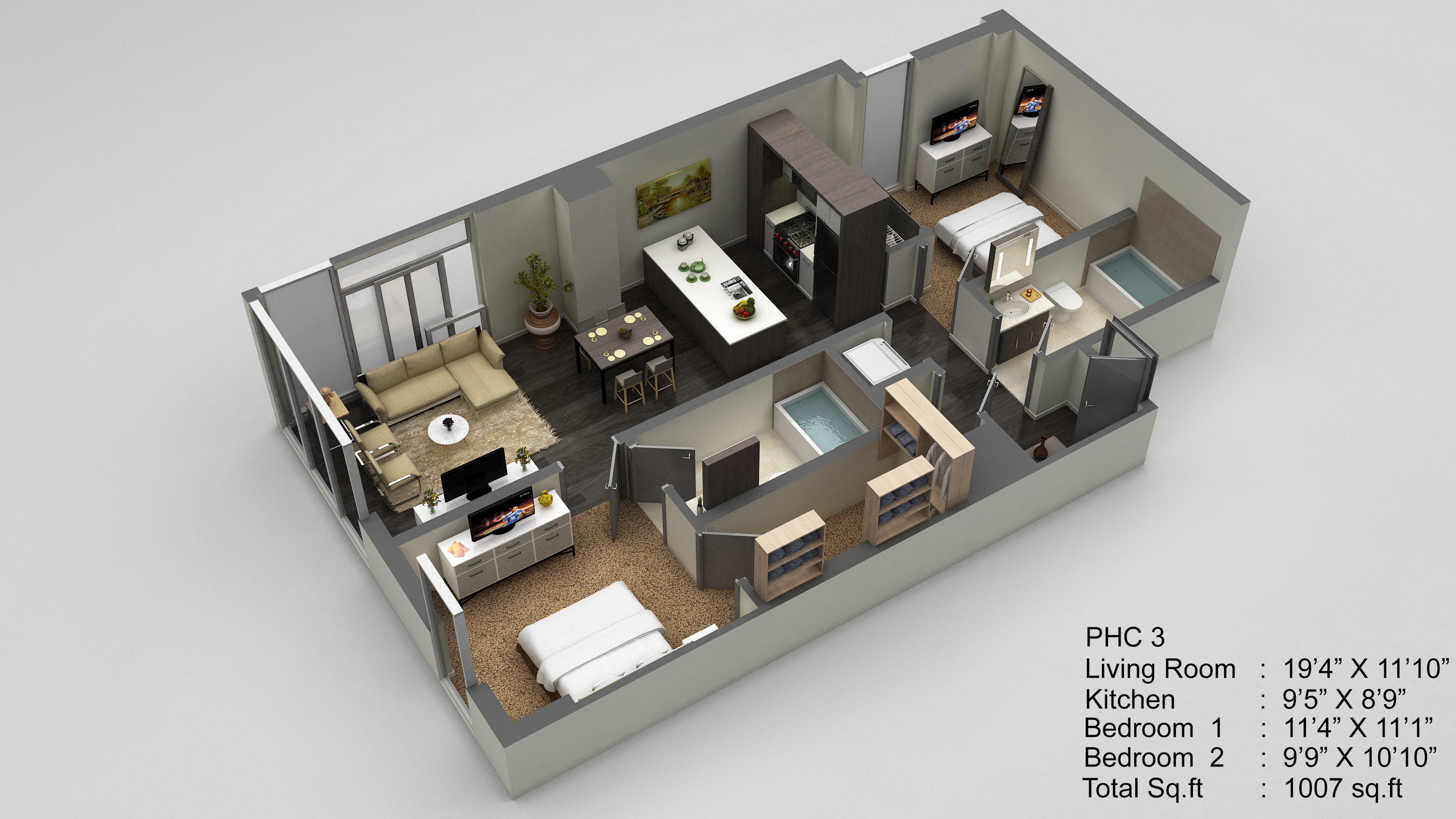 Floor plan for 2 beds, 2 baths, 1007 sqft